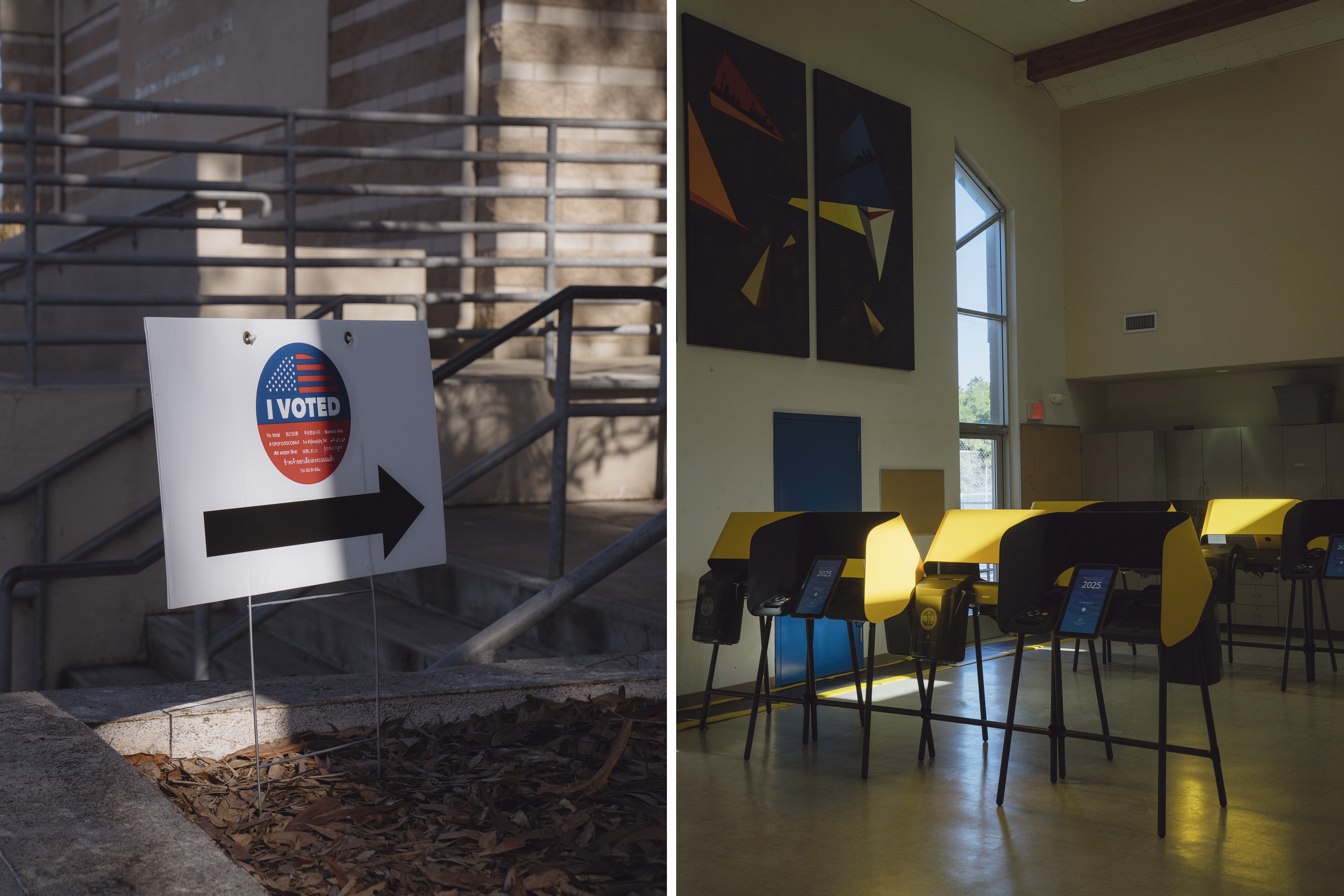 A voting sign and election booths are seen at the Oakwood Community Center in the Venice neighborhood of Los Angeles on Oct. 28.